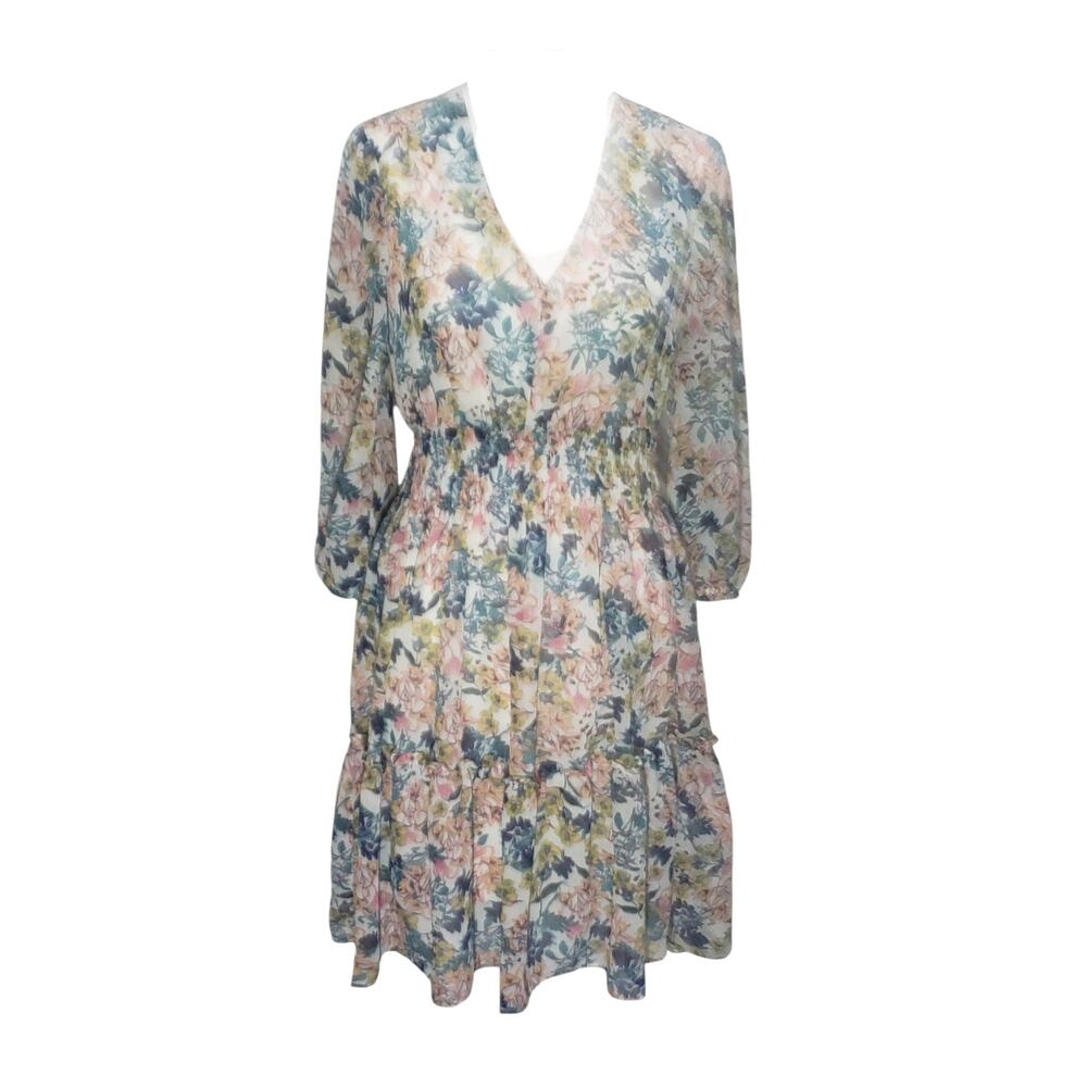 Just Taylor Floral Tiered Dress Womens 2 White Sheer Cottagecore Romantic
